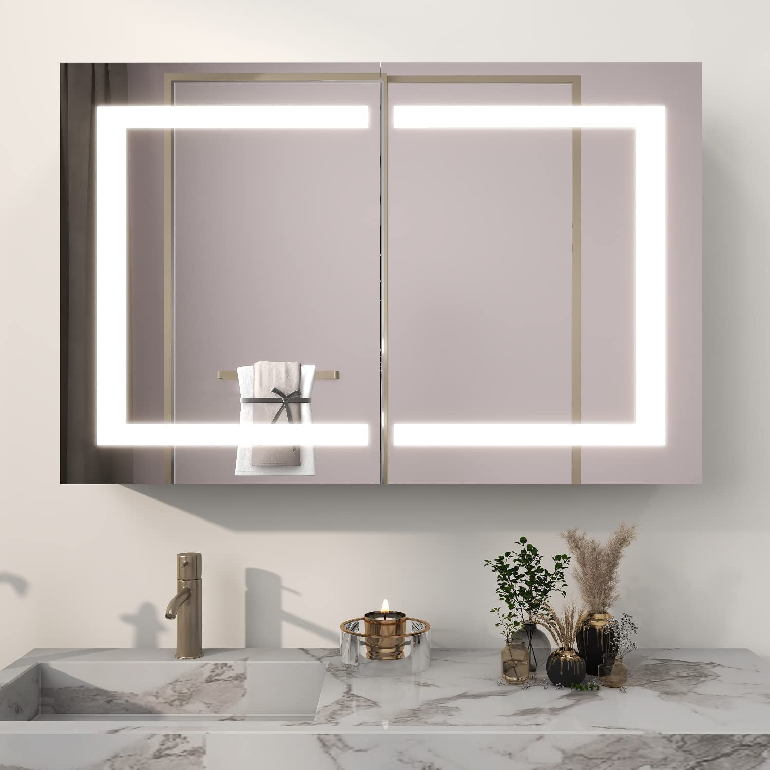 LIGMIRR Bathroom Cabinet Medicine Cabinet 36 24 Kitchen Wall Mount Aluminum Smart Sensor 3 Tier Large Cosmetic Storage Cabinet with Led Vanity