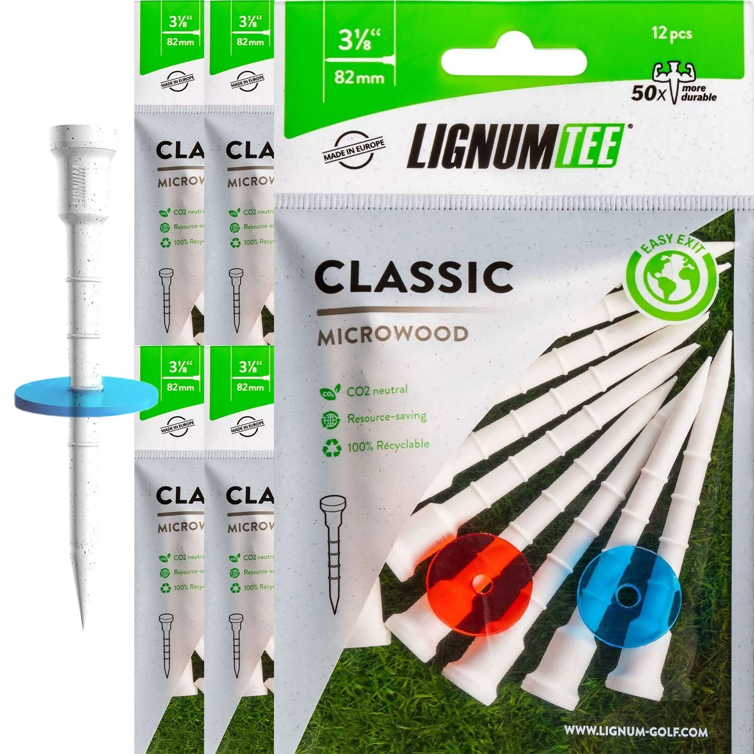 LIGNUM Tee - Classic Golf Tees - White, 3.125"/82mm INKL.Boost Disc - 10+2 Pieces/Bag, Anti Spin Head, Bio Based Microwood, 50x Durable, Optimized