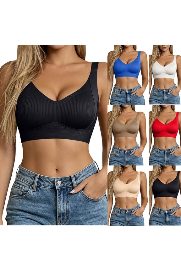 Womens Bras Wireless Solid Color V Neck Hook Texture Daily Support