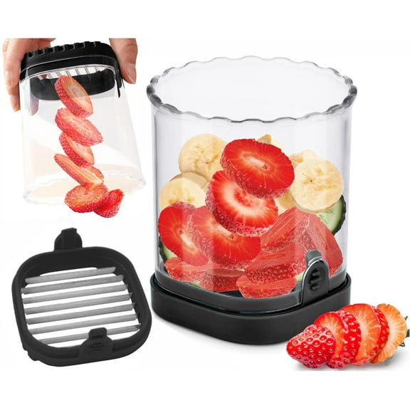 LIIGEMI 8-Blade Fruit & Vegetable Slicer Cup - Strawberry, Banana,Egg, Grape Cutter with Push Plate | 304 Stainless Steel Blades | Extra-Large Capacity for Meal Prep & Salads（Black）