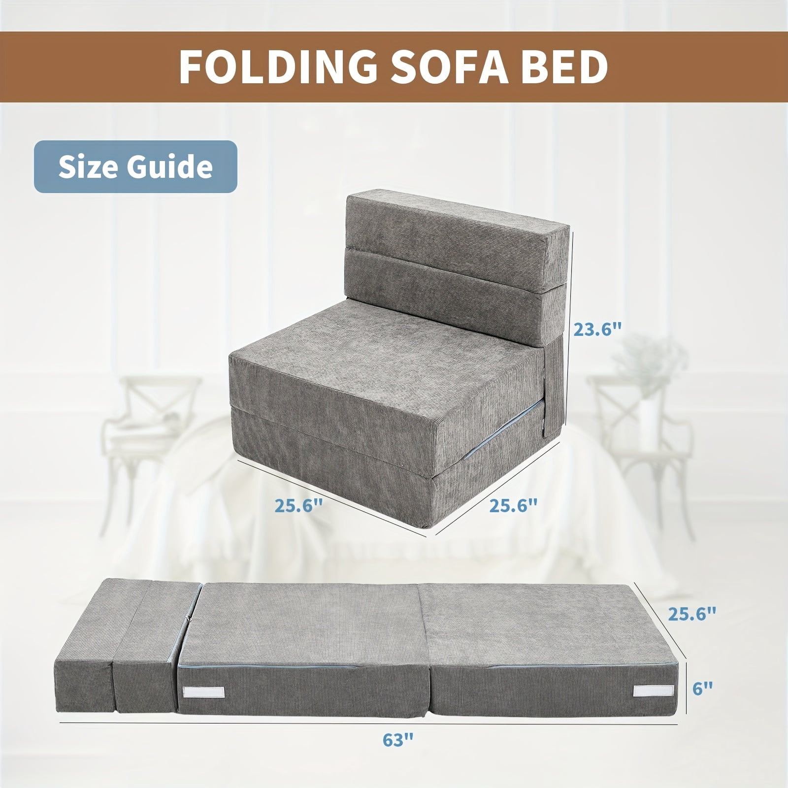 LIILYPELLE Tri-Fold Sponge Mattress, Portable Folding Bed Pad, Convertible Chair Floor Sofa and Sleeping Mat, Suitable for Floors and Camping, 63"×25.6"×6