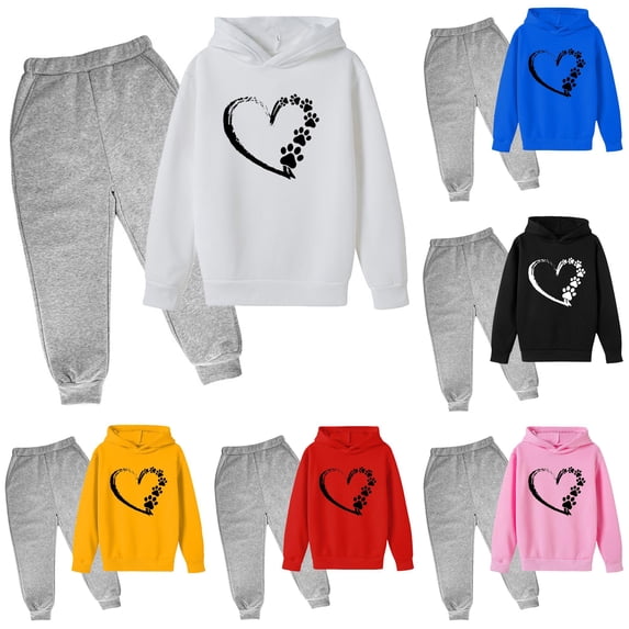 LIIPEE Autumn Winter Outfit Sets For Girls Heart Print Long Sleeve Oversized Pullover Hoodies Solid Color Sweatpants 2 Piece Set Kids Casual Comfortable Cute Outfits,13-14 Years