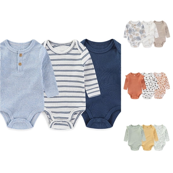 LIIPEE Baby Boys Bodysuits Casual Cartoon Graphic Long Sleeve Crew Neck Onesies 3 Pack Kids Cute Comfortable Daily Crawling Clothing,0-3 Months
