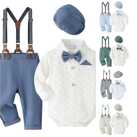 LIIPEE Baby Boys Gentleman Outfit Sets 4 Piece Formal Long Sleeve Button Up Romper Hats Pants And Suspenders Cute Birthday Party Outfits,12-18 Months