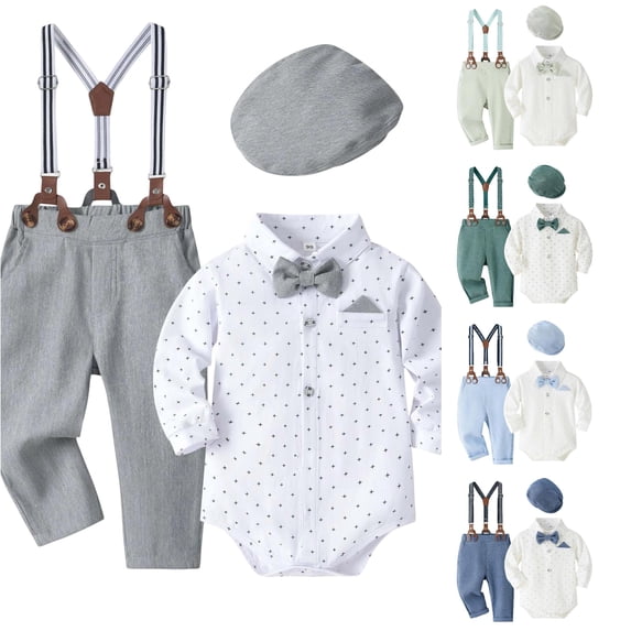 LIIPEE Baby Boys Gentleman Outfit Sets 4 Piece Formal Long Sleeve Button Up Romper Hats Pants And Suspenders Cute Birthday Party Outfits,6-9 Months