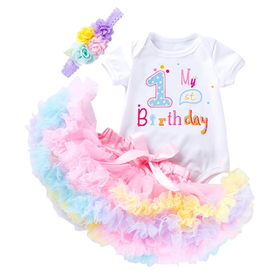 LIIPEE Baby Girls Outfits Set 3 Piece Birthday Party Letter Graphic Short Sleeve Romper Mesh Tutu Skirt And Headband Kids Cute Outfits,12-18 Months