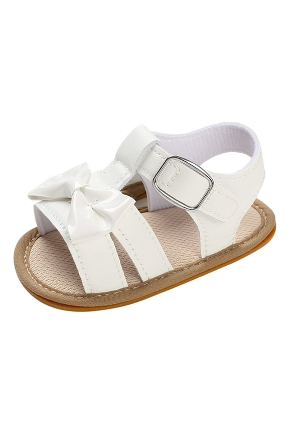 Baby Sandals Spring Summer Children Toddler Solid Color Sandals Boys Girls Flat Bottom Soft Sole Shoes Light Buckle Open Toe Comfortable Breathable Cute Bow Walking Shoes,White,11/1
