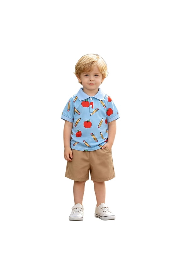 Back To School Outfit Sets For Boys Short Sleeve Cartoon Graphic Polo Shirt Solid Color Shorts 2 Piece Set Kids Comfortable Cute Casual Summer Outfits,18-24 Months