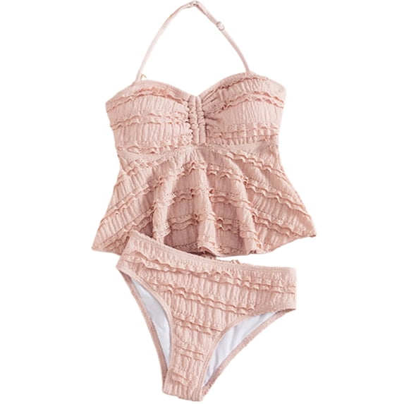 LIIPEE Big Girls Bikinis 2 Piece Set Kids Casual Summer Solid Color Ribbed Halter Neck Ruffle Bikini Tops And Briefs Pool Party Beach Cute Swimwear,13-14 Years