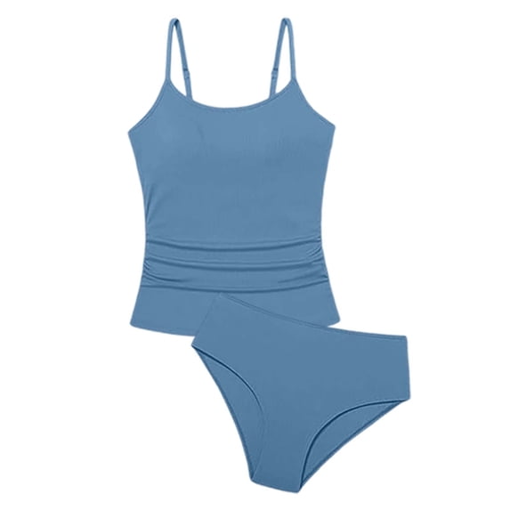 LIIPEE Big Girls Tankinis Swimsuit Sets 2 Piece Set Kids Casual Summer Solid Color Spaghetti Straps Open Back Ruched Tankini Tops And Briefs Fashion Cute Beach Pool Party Swimwear,11-12 Years