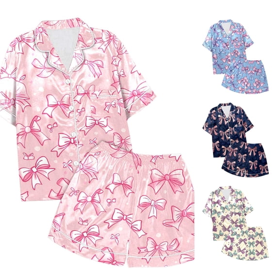 LIIPEE Bowknot Graphic Pajamas For Girls Short Sleeve Flat Collar Blouses And Shorts Pajama Set 2 Piece Kids Cute Everyday Sleepwear,12-13 Years