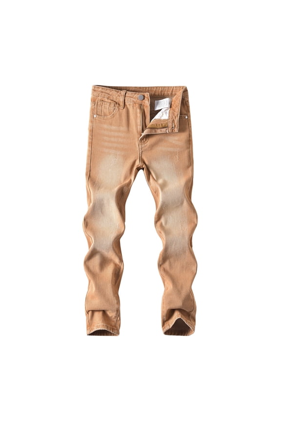 Boy Child Ripped Jeans Pants Summer Fall Slim Fit Stretch Button Distressed Denim Trousers Streetpants With Pockets Boys Stylish Picnic Pants,Khaki,13-14 Years