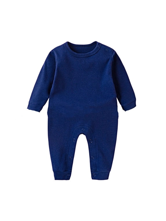 Boys Baby Bodysuits Comfortable Long Sleeve Shoulder Snap Jumpsuit Solid Color Crew-Neck Warm Romper For And Toddler Playwear Soft Everyday Onesie,Navy,18-24 Months