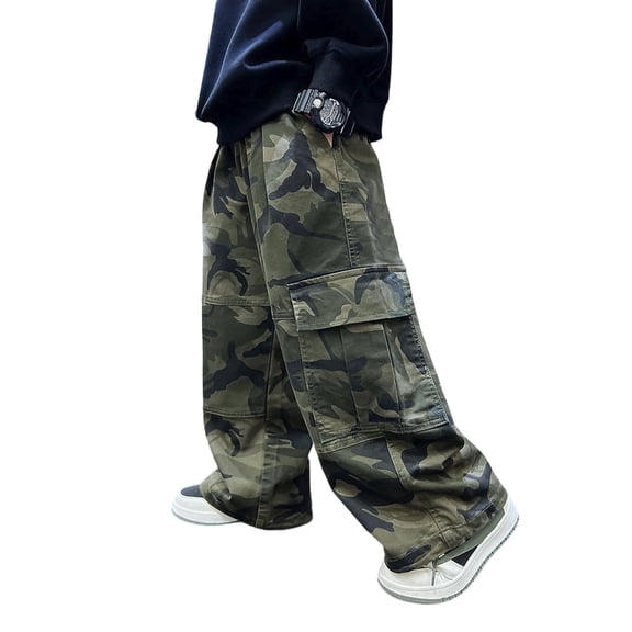 LIIPEE Boys Cargo Pants Camouflage Printed Elastic Waist Straight Wide Leg Loose Fit Workwear Joggers Trousers With Pockets Child Versatile Indoor Outdoor Wear Pants,Green,13-14 Years