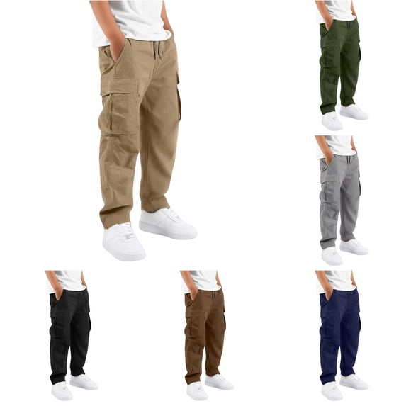 LIIPEE Boys Cargo Pants With Multiple Pockets Casual Solid Color Drawstring Waist Straight Leg Trousers Kids Outdoor Comfortable Breathable Daily Bottoms,9-10 Years