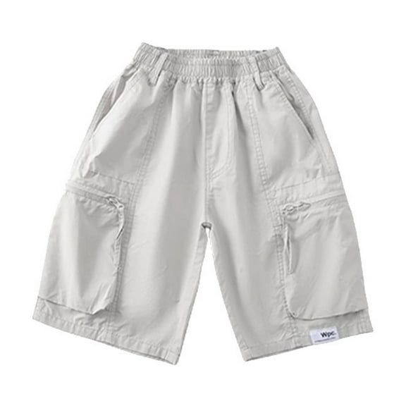 LIIPEE Boys Cargo Shorts Summer Casual Solid Color Stretch Elastic Waist Knee-Length Shorts With Pockets Cozy Beach Vacation Daily Wear Shorts,Light Gray,13-14 Years
