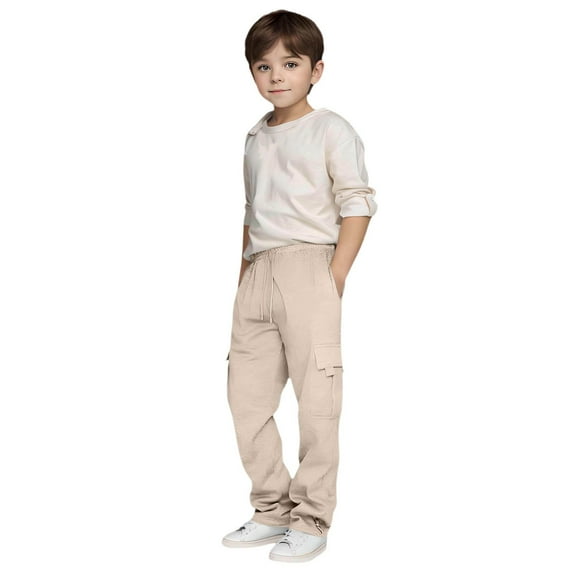 LIIPEE Boys Cargo Sweatpants Solid Color Elastic Waist Drawstring Wide Leg Work Sport Trousers With Pockets Comfort Climbing Hiking Camping Cycling Pants,Beige,3-4 Years