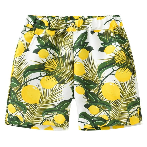 LIIPEE Boys Casual Shorts Summer New Lightweight Coconut Tree Lemon Printed Stretchy Elastic Waist Basketball Athletic Swim Trunks With Pockets Kids Cozy Swim Shorts,Light Yellow,6-7 Years