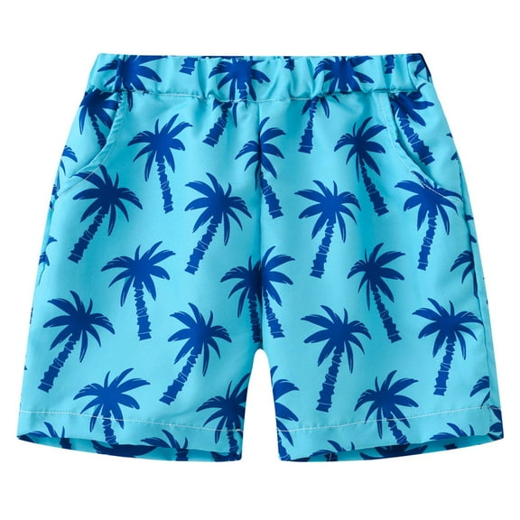 LIIPEE Boys Casual Shorts Summer New Lightweight Coconut Tree Printed Stretchy Elastic Waist Basketball Athletic Swim Trunks With Pockets Boys Cozy Beach Shorts,Sky Blue,6-7 Years