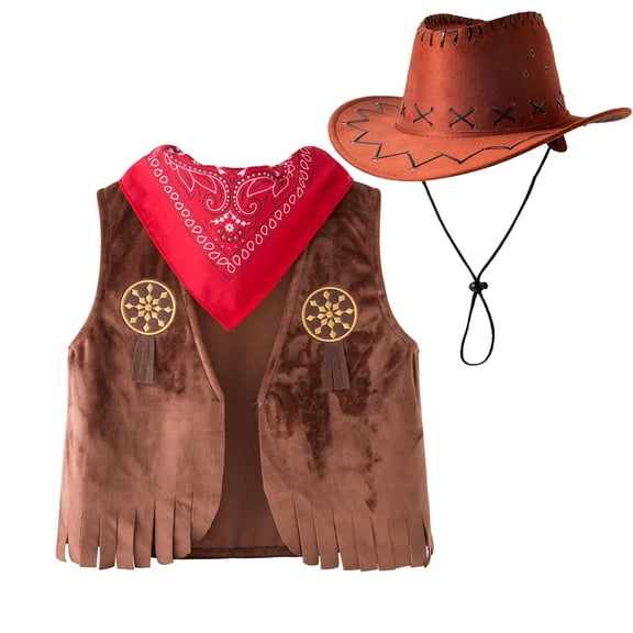 LIIPEE Boys Cowboy Outfit Sets Casual Sleeveless Solid Color Open Front Vest With Tassel Fringe Hem Bandanas Cowboy Hat 3 Piece Set Kids Fashion Dress Up Comfortable Cute Clothing,Coffee,10-11 Years