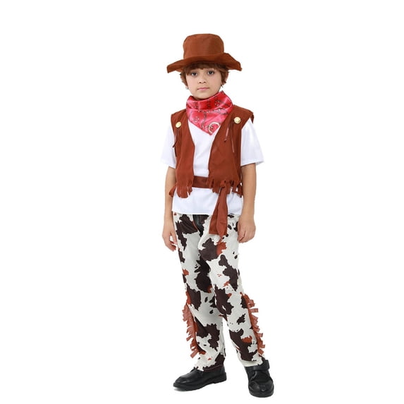 LIIPEE Boys Cowboy Outfit Sets Casual Solid Color Short Sleeve Tops Vest Graphic Botttoms Bandanas Cowboy Hat Waistband Sets Kids Fashion Party Dress Up Comfortable Cute Clothing,Coffee,11-14 Years