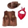 thumbnail image 1 of LIIPEE Boys Cowboy Outfit Sets Casual Solid Color Sleeveless Open Front Vest With Tassel Fringe Hem Cowboy Hat Bandanas 3 Piece Set Kids Fashion Dress Up Comfortable Cute Clothing,Coffee,3-4 Years, 1 of 8