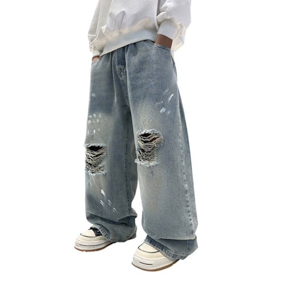 LIIPEE Boys Denim Pants Casual Elastic Waist Fashion Distressed Ripped Hole Baggy Wide Leg Jeans With Pockets Kids Comfortable Breathable Versatile Daily Trousers,5-6 Years