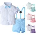 thumbnail image 1 of LIIPEE Boys Gentleman Outfits 2 Piece Summer Stripes Short Sleeve Button Up Shirts Solid Color Suspender Shorts Kids Party Outfit Sets,3-4 Years, 1 of 7