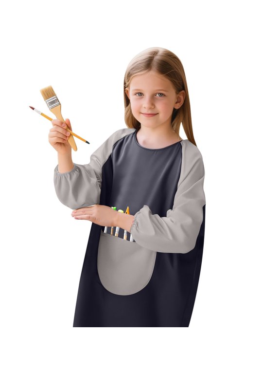 Boys Girls Art Smock Color Block Long Sleeve Round Neck Drawing Painting Aprons With Pocket Child Comfort Casual Daily Party Photoshoot Artist Smock,Black1,6-8 Years