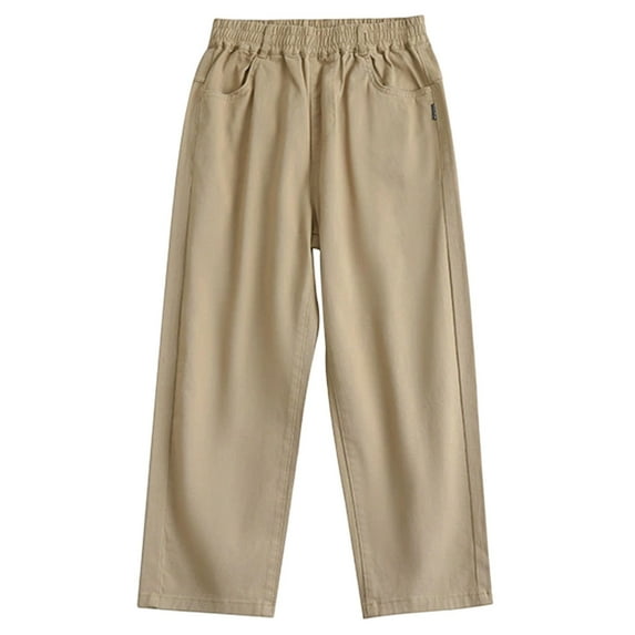 LIIPEE Boys Girls Back To School Uniform Pants Solid Color Stretch Elastic Waist Straight Leg Dress Trousers With Pockets Child Trendy Daily Pants,Khaki,5-6 Years