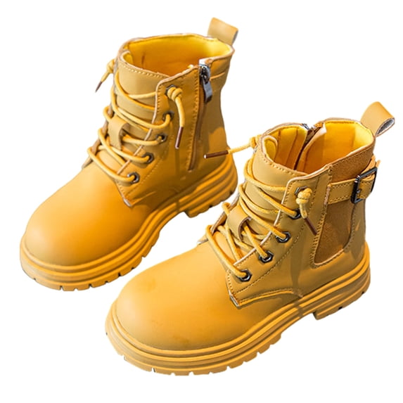 LIIPEE Boys Girls Boots Solid Color Closed Toe Non- Soft Sole Lace Up Ankle Leather Shoes Child Versatile Birthday Wedding Weekend Boot,Yellow,9.5-10 Years