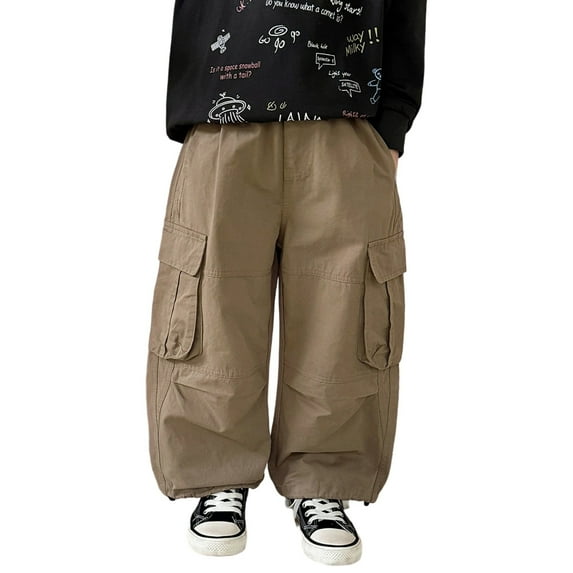 LIIPEE Boys Girls Cargo Pants Baggy Solid Color Elastic Waist Straight Wide Leg Trousers With Pockets Kids Casual Holiday Party Cycling Pants,110,3-4 Years