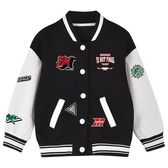 LIIPEE Boys Girls Jacket Cartoon Letter Printed Color Block Long Sleeve Stand Collar Button Warm Baseball Jackets Stylish Daily Coat,Black,18-24 Months