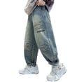 thumbnail image 1 of LIIPEE Boys Girls Jean Pants Baggy Elastic Waist Straight Wide Leg Denim Trousers With Pockets Boys Comfort Casual Daily Party Photoshoot Pants,Light Blue,11-12 Years, 1 of 2