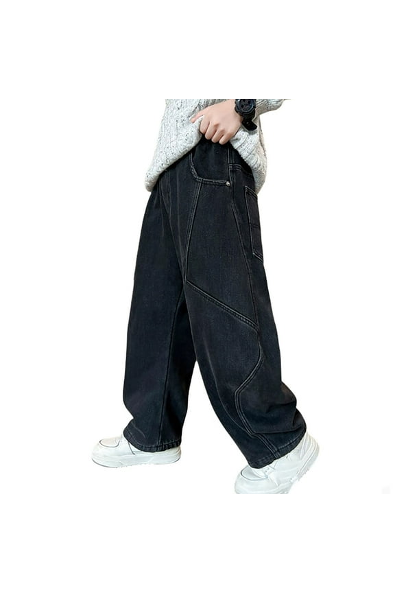 Boys Girls Jean Pants Baggy Elastic Waist Straight Wide Leg Denim Trousers With Pockets Child Elegant Indoor Outdoor Wear Pants,130,5-6 Years