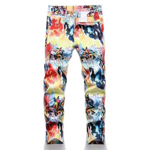 LIIPEE Boys Girls Jean Pants Tie Dye Printed Stretch High Waist Button Slim Fit Straight Denim Trousers With Pockets Breathable Festival Pants,Red,3-4 Years