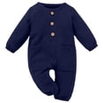 thumbnail image 1 of LIIPEE Boys Girls Onesie Cotton Linen Solid Color Long Sleeve Round Neck Button Jumpsuit With Pockets Breathable Vacation One-Pieces,Blue,9-12 Months, 1 of 9
