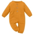 thumbnail image 1 of LIIPEE Boys Girls Onesie Cotton Linen Solid Color Long Sleeve Round Neck Button Jumpsuit With Pockets Breathable Daily One-Pieces,Yellow,9-12 Months, 1 of 9