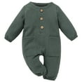 thumbnail image 1 of LIIPEE Boys Girls Onesie Cotton Linen Solid Color Long Sleeve Round Neck Button Jumpsuit With Pockets Comfort Party One-Pieces,Green,6-9 Months, 1 of 9