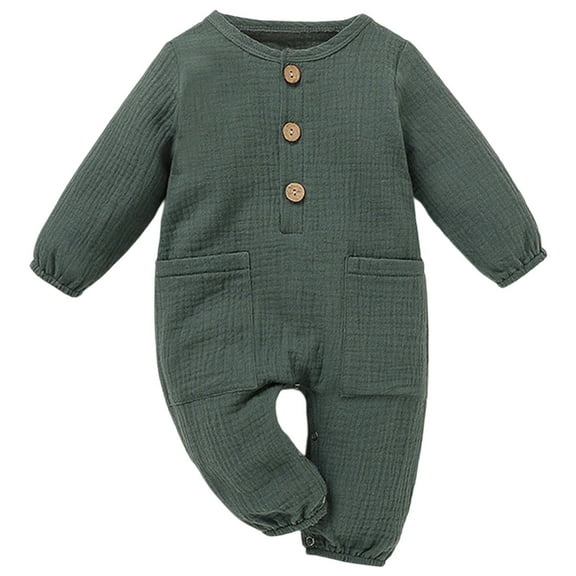 LIIPEE Boys Girls Onesie Cotton Linen Solid Color Long Sleeve Round Neck Button Jumpsuit With Pockets Newborn Trendy Gym One-Pieces,Green,9-12 Months