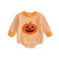 thumbnail image 1 of LIIPEE Boys Girls Onesie Halloween Cartoon Pumpkin Embroidery Long Sleeve Round Neck Striped Bodysuit Girl Breathable Holiday School Party One-Pieces,Orange,60, 1 of 9