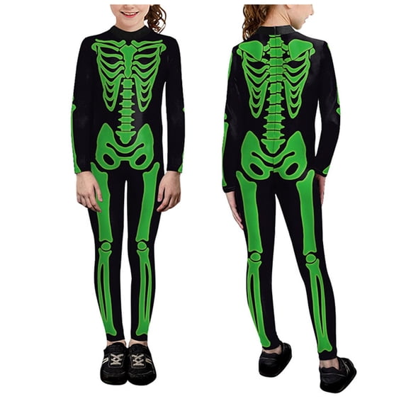 LIIPEE Boys Girls Onesie Halloween Cartoon Skeleton Printed Long Sleeve Round Neck Tights Jumpsuit Girl Comfort Holiday School Party One-Pieces,Green,S