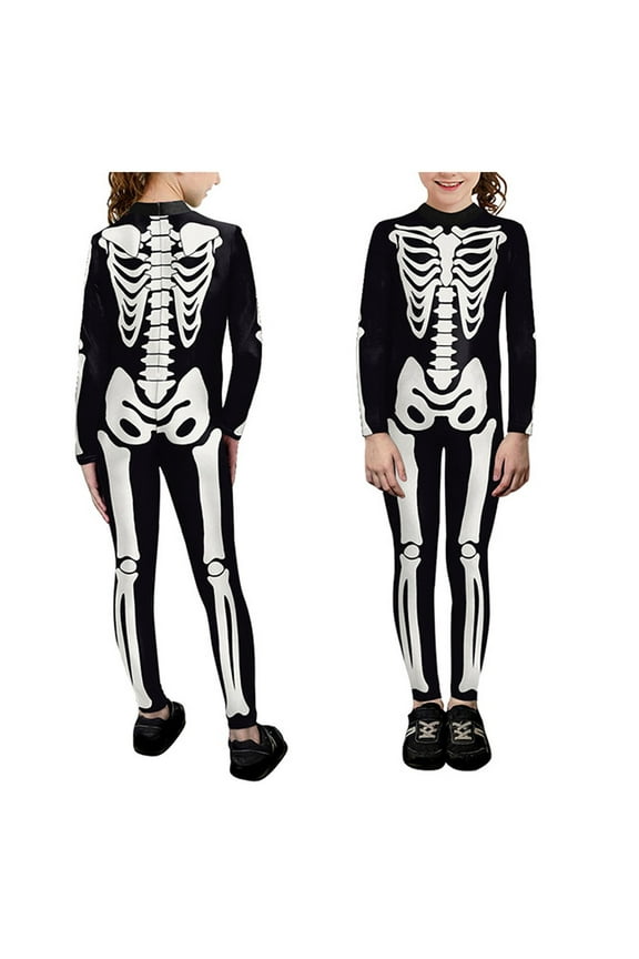 Boys Girls Onesie Halloween Cartoon Skeleton Printed Long Sleeve Round Neck Tights Jumpsuit Kids Elegant Casual Daily Party Photoshoot One-Pieces,White,L