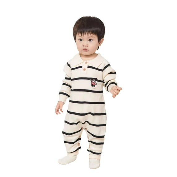 LIIPEE Boys Girls Onesie Knitted Long Sleeve Peter Pan Collar Button Jumpsuit Casual Vacation One-Pieces,Beige,0-3 Months