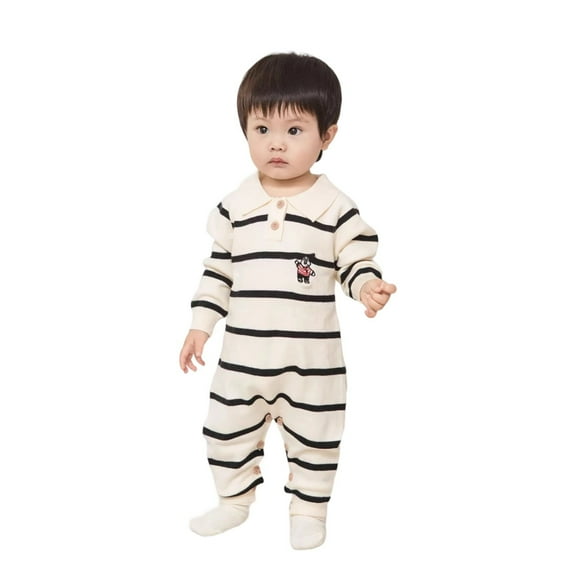 LIIPEE Boys Girls Onesie Knitted Long Sleeve Peter Pan Collar Button Jumpsuit Casual Vacation One-Pieces,Beige,0-3 Months