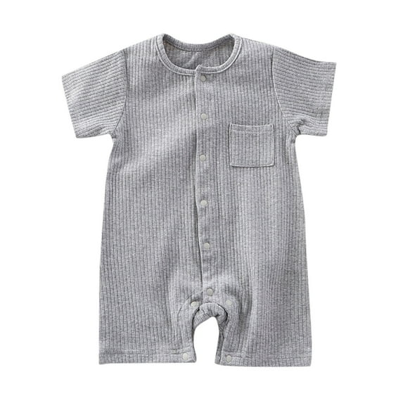 LIIPEE Boys Girls Onesie Summer Comfort Ribbed Short Sleeve Solid Color Round Neck Button Down With Pocket Romper Boys Leisure Outdoor Play One-Pieces,Grey,3-6 Months