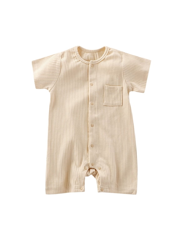 Boys Girls Onesie Summer Comfort Ribbed Short Sleeve Solid Color Round Neck Button Down With Pocket Romper Girls Breathable Daily One-Pieces,Beige,0-3 Months
