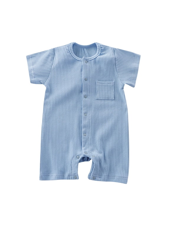 Boys Girls Onesie Summer Comfort Ribbed Short Sleeve Solid Color Round Neck Button Down With Pocket Romper Girls Trendy Daily One-Pieces,Light Blue,0-3 Months