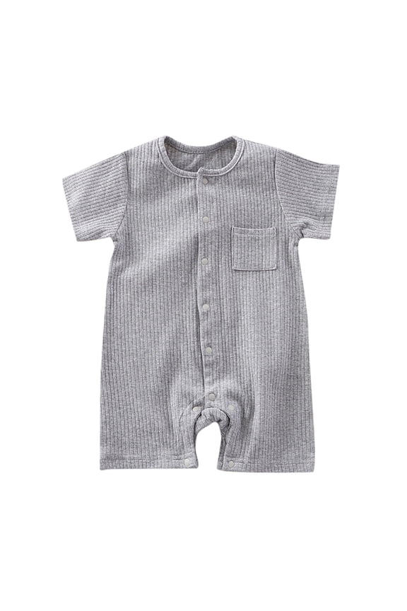 Boys Girls Onesie Summer Comfort Ribbed Short Sleeve Solid Color Round Neck Button Down With Pocket Romper Kids Classic Party One-Pieces,Grey,6-12 Months