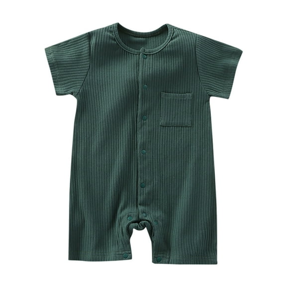 LIIPEE Boys Girls Onesie Summer Comfort Ribbed Short Sleeve Solid Color Round Neck Button Down With Pocket Romper Kids Trendy Daily One-Pieces,Dark Green,0-3 Months